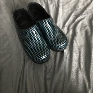 Size 38 Blue and Black Polka Dot Dansko Clogs
